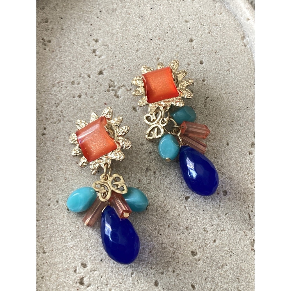 Artsy Clip On Statement Earrings Bold Colorfulโ Bead Dangle Gold Tone Romantic